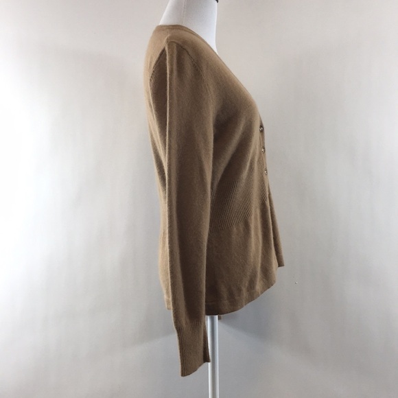 Julia Jones Tan Knit Angora Rabbit Hair Cardigan Sweater Womens Large V Neck - Picture 2 of 10